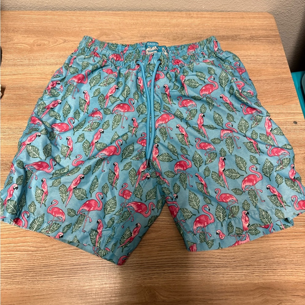 Beach Bros Blue Floral Flamingo Swim Shorts Men Size Medium Blue/Pink/Green